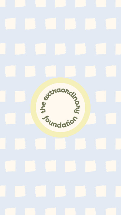 The Extraordinary Foundation green and ivory stamp logo on a background of light blue grid pattern