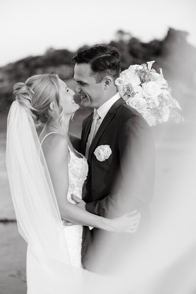 black and white photo of bride and groom