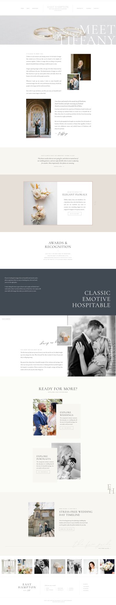 A website profile of a wedding photographer featuring images of the photographer, wedding details, a couple, and various services offered. It includes text and photos in a clean, white layout with Showit template customization to perfectly showcase your special day.