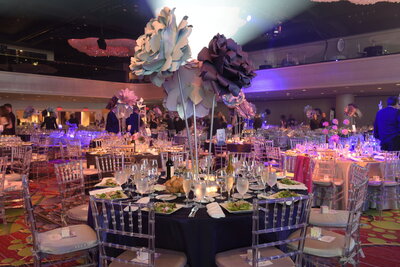 Table design and hanging florals at a corporate gala in the Marriott Marquis NYC