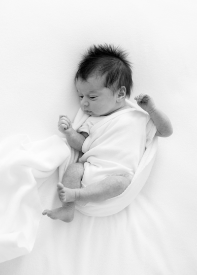 baby wearing simple white onesie curls up during boston newborn photo session
