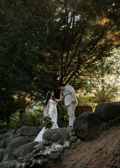 A beautiful couples bridal portraits by a peaceful creek located at Reber's Riverside in Yamhill, Oregon.