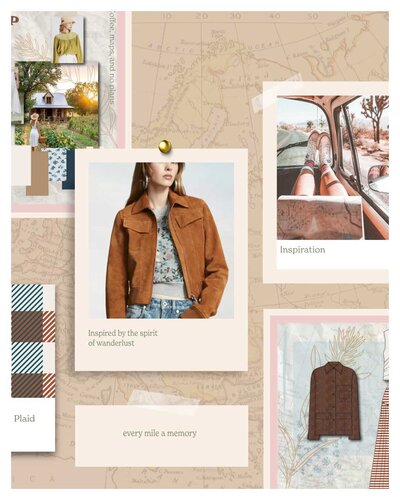 Moodboard with fabric swatches, color palette, and women's fashion inspiration created by Doreen Apparel for concept development