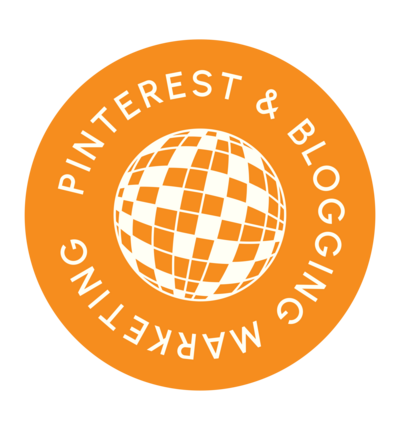 Orange circular brand element stating "pinterest and blogging marketing"
