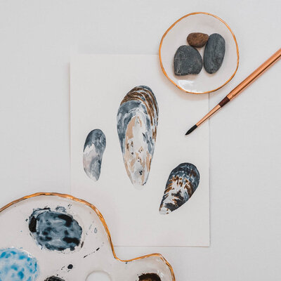 Watercolor painting of three mussel shells by Port Angeles artist Amy Duffy