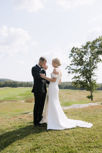 groom crying during first look at their wedding in connecticut