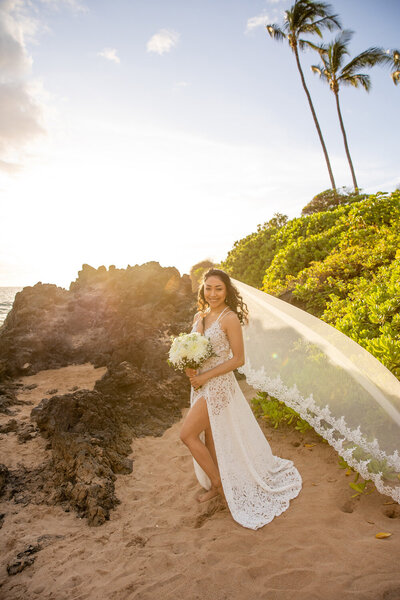 Maui Elopement Photographer captures bride and groom on beach during bridal portraits
