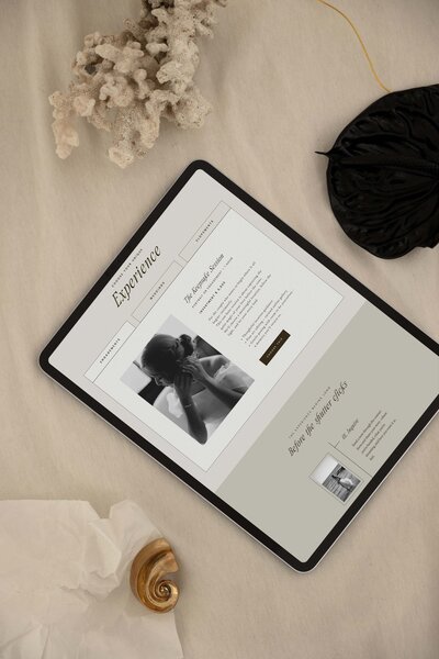 Showit website template displayed on tablet for fine art photographers—minimal, editorial layout designed for timeless, romantic visual storytelling.