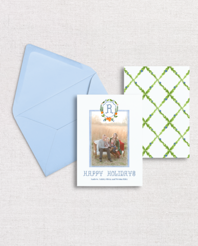 Preppy Christmas Card with Family Photo and Monogram Crest
