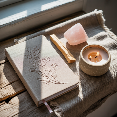 Flat lay of a pink rose quartz crystal, a lit candle, and a palo santo stick on a textured neutral cloth, styled near a sunlit window.
