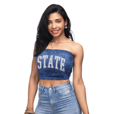 model wearing patterned bandeau top with state school across chest