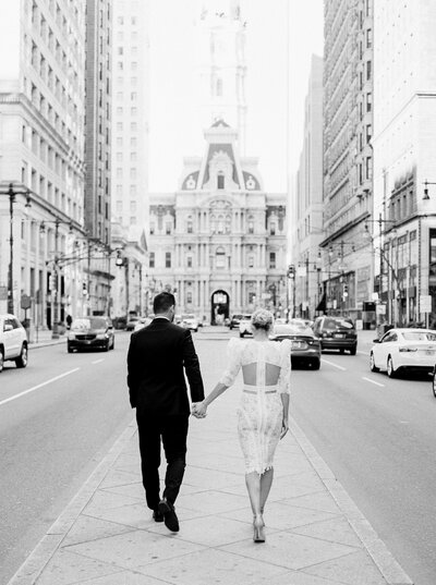 Luxury engagement session with high fashion white dress in Philadelphia