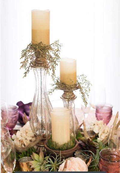 Glass Candlestick mercury Duo Gold Bottom Candles Wooden Spool with Glass Assorted Succulents Deer Antlers Faux Flowers Mercury Gold Votive Cups