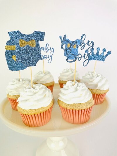 Glitter blue Baby boy baby shower cupcake toppers