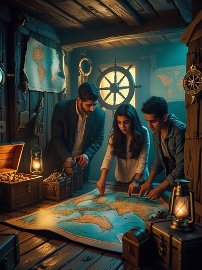 General decription____Cinematic scene inside an escape room themed environment. Include realistic lighting, shallow depth of field, high contrast, dramatic shadows, and immersive set design. Show a group of 3-4 (6)