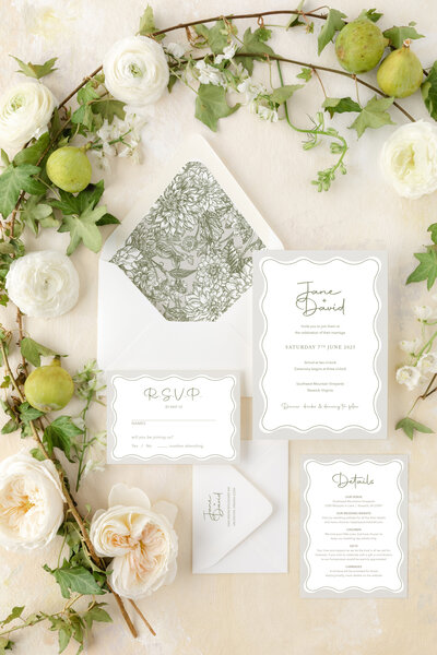 A green, lush, Washington DC garden semi custom wedding invitation suite, inspired by the book Anne of Green Gables.
