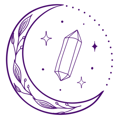 purple crescent moon with crystals and stars