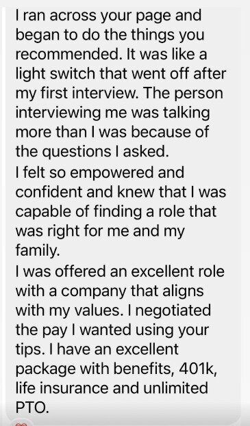 Client testimonial for executive coaching for women professionals, highlighting personal growth, leadership skills, and career advancement through tailored coaching services.