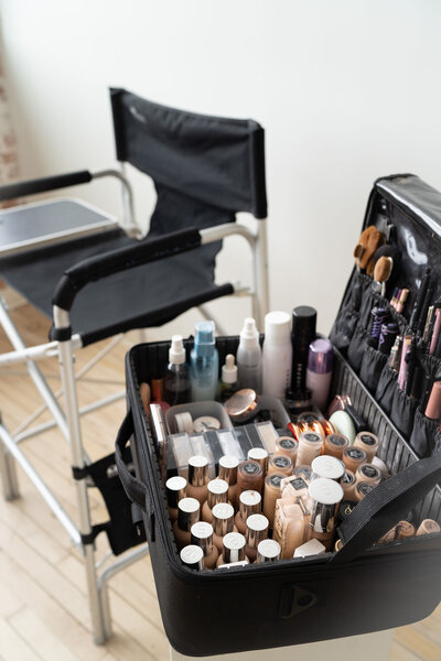 Professional makeup case filled with products