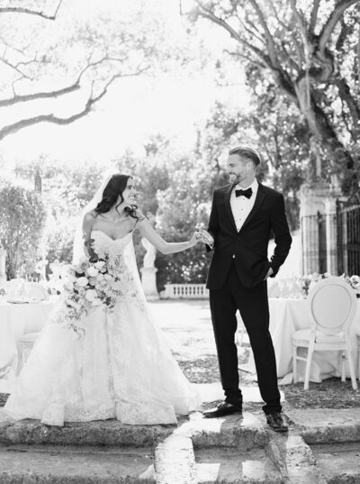 Bride and groom walk up memorial steps at their DC wedding