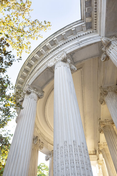 A low-angle view of a classical architectural structure with white, ornate columns and a domed ceiling. The columns feature intricate designs. Trees with green leaves are partially visible against the clear sky.
