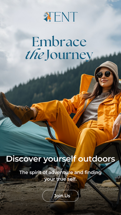 Branded social media template for Tent showcasing minimalist design elements and outdoor imagery for camping enthusiasts.