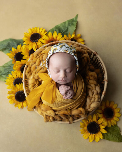 Sleeping newborn girl in yellow wrap and sunflower bonnet, with basket and sunflower background