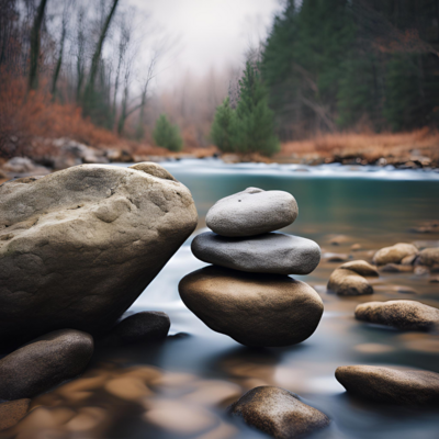 Rocks balanced on glassy water.