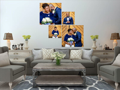 photo wall display of multicultural couple wedding portraits