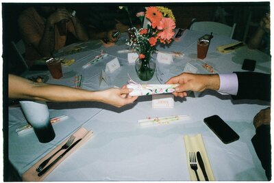 A person holding up a bride