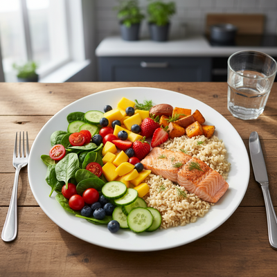Colorful balanced meal with salmon, vegetables, fruit and whole grains