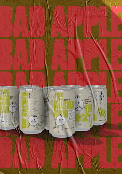 three posters for bad apple brewing wrinkled and sunsoaked