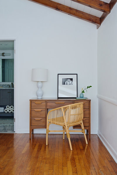Mid century modern and rattan office area by Denver based interior designer Fernway & Avalon