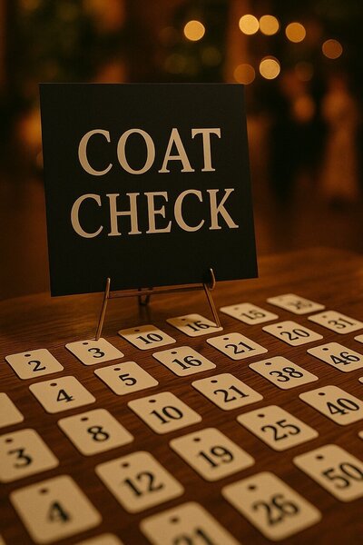 Coat check table set up by Hang Haus with organized numbered claim tags and a sign indicating coat check service at an event.