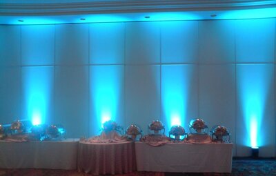 Envision a series of Cyan colored beams softly climbing a wall behind the bride and groom's head table