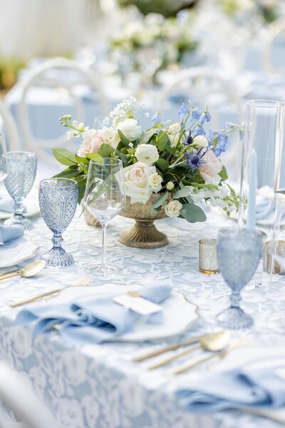 White and light blue table setting