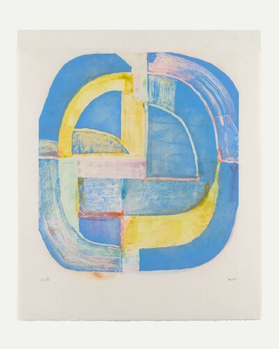 'Spiral Variée: Sky Blue' by Anna Kunz – a monotype with soap ground and sugar lift etching on sekishu paper, measuring 26 x 22 inches.