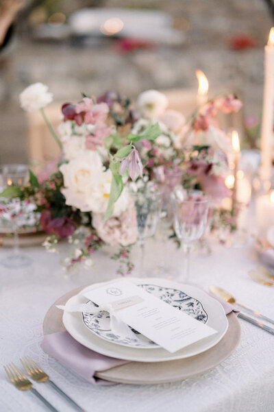 Elegant wedding table setting with place card and floral details, part of a Scottsdale luxury wedding experience.
