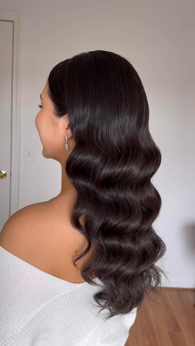 Bride styled with classic Hollywood waves — timeless, polished bridal hairstyle by Klover Beauty for an elegant Maryland wedding.