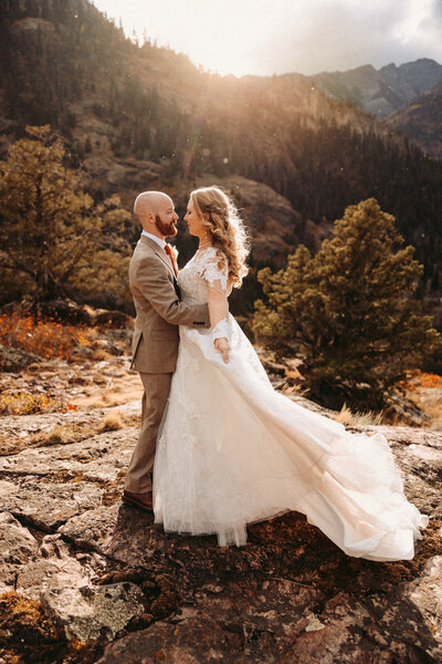 Couple shares a first dance at sunset in Ouray, Colorado.