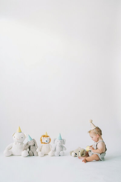 one year old boy sitting with his stuffies during milestone photo session