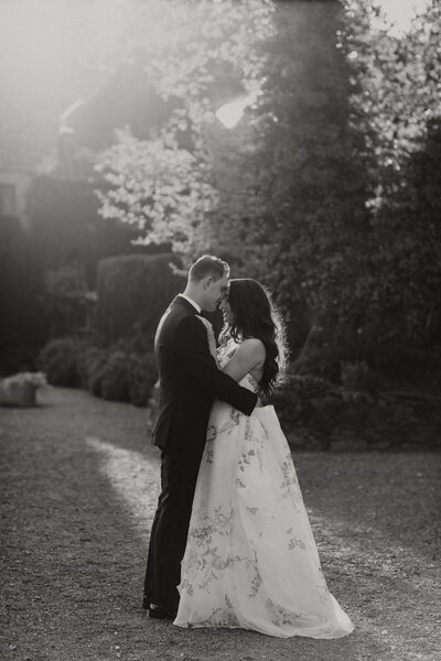 Black and white image of a couple on their wedding day in Devon