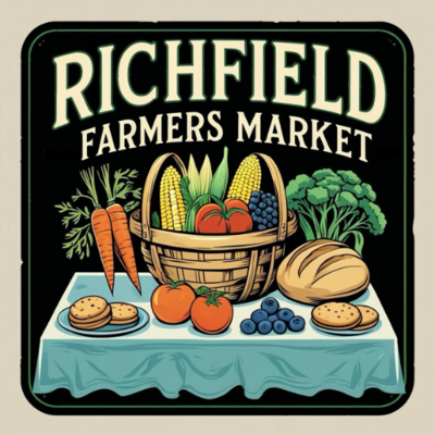 Logo of Richfield Farmers Market with fresh produce on a table