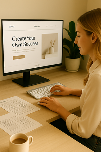 Focused woman working on website design, creating custom branding and layout on desktop computer.