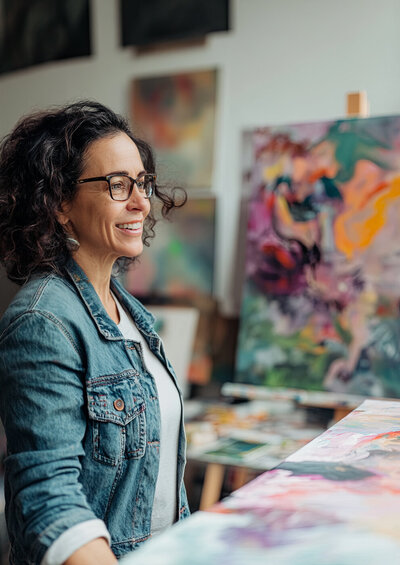 A woman with brown wavy hair and jean jacket smiling off camera, standing in an artist's studio with paintings in background.