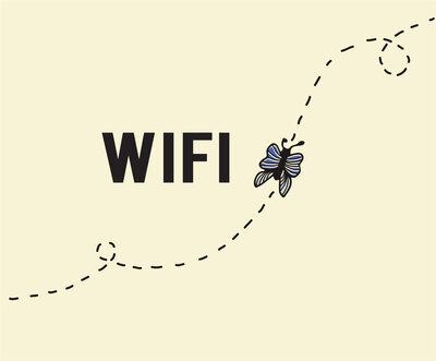 The image depicts the word "WIFI" alongside a whimsical butterfly, its flight path traced by a dashed line. This playful design evokes the serene ambiance of Mayo Florida campgrounds, capturing the spirit of outdoor simplicity on a light background.