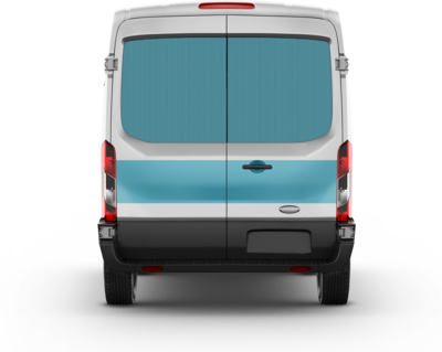 The back of a white Transit van with blue blocks of color on the windows and across the doors to indicate where graphics can be placed