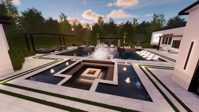 California backyard design with sunken firepit and pool with floating steps.