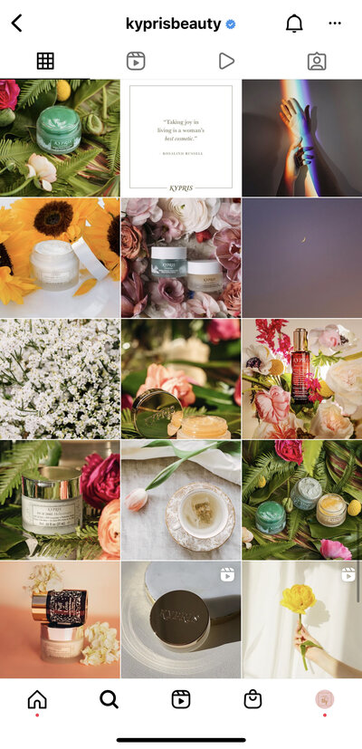 Kypris Beauty's Instagram grid after working with Love Social Media to increase Instagram followers and drive traffic to their website from social media