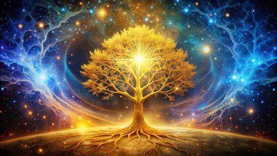 Árbol dorado iluminado por el universo, simbolizando el árbol de la vida y el conocimiento divino.

